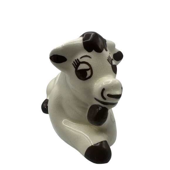 Ceramic Cow Figurine With Brown Spots & Playful Expression - Picture 4 of 5